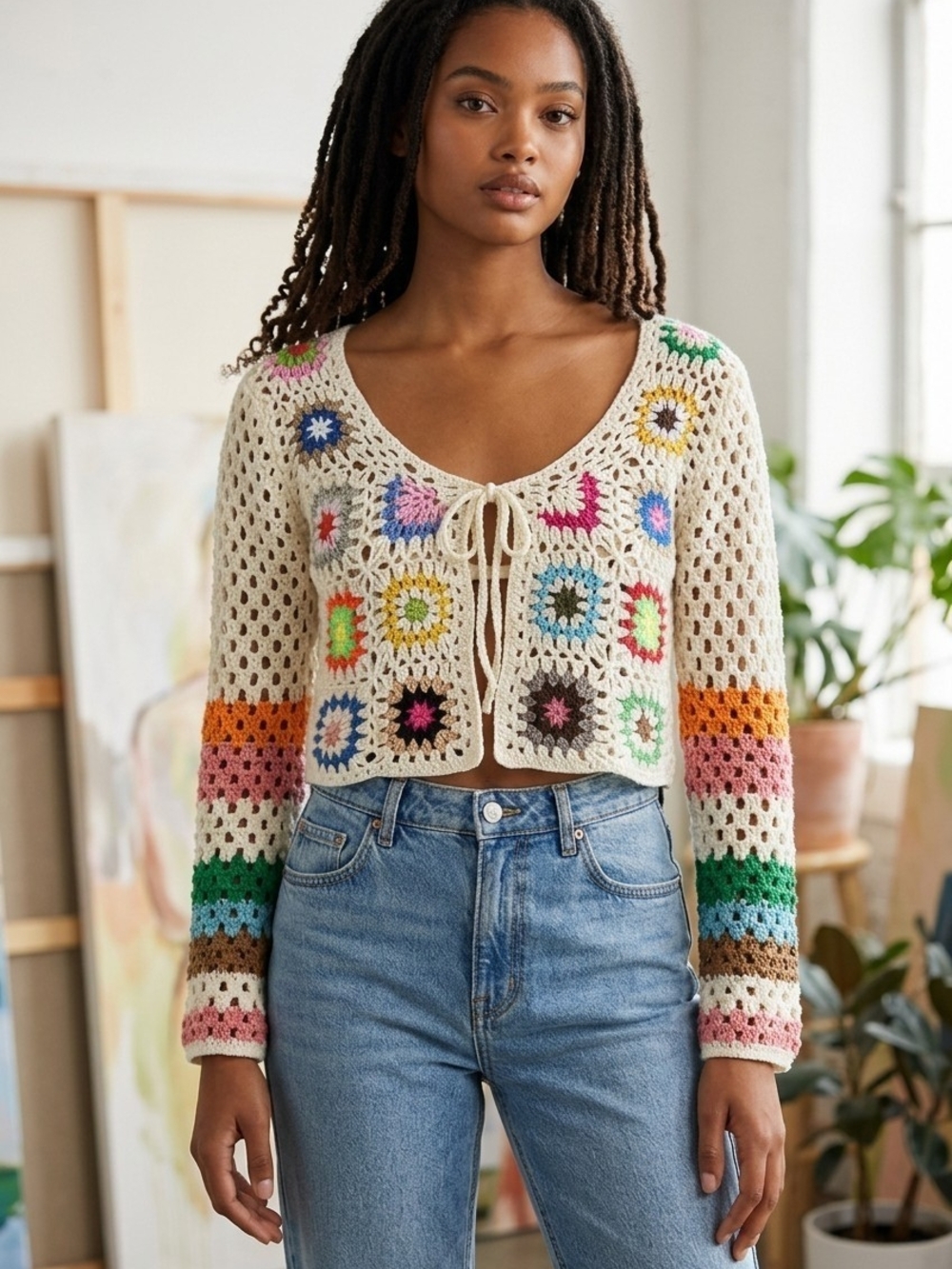 Crochet Tie-Front Cardigan Sweater - Cream with Multicolor Accents